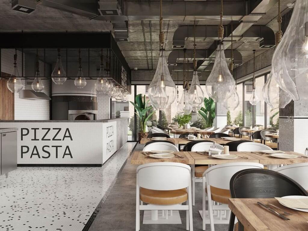 Bàn ghế phòng ăn pizza thoải mái với tông màu chủ đạo là màu trắng sang trọng, hiện đại