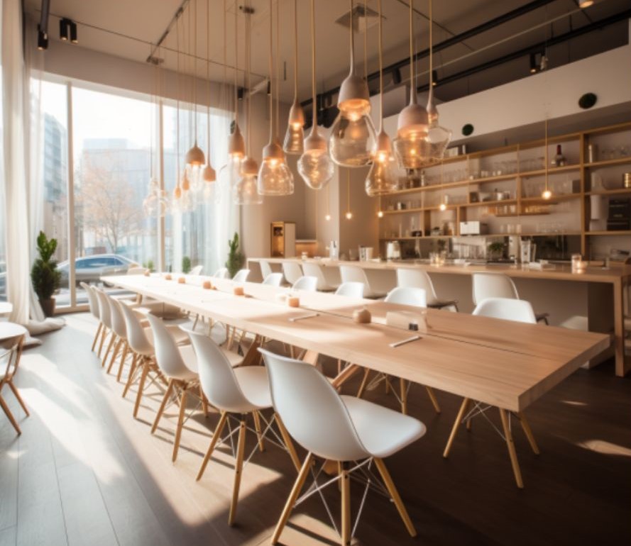 Thiết kế quán cafe nhỏ 200m2 với tone màu trắng kem tạo sự sang trọng và giàu tinh tế.