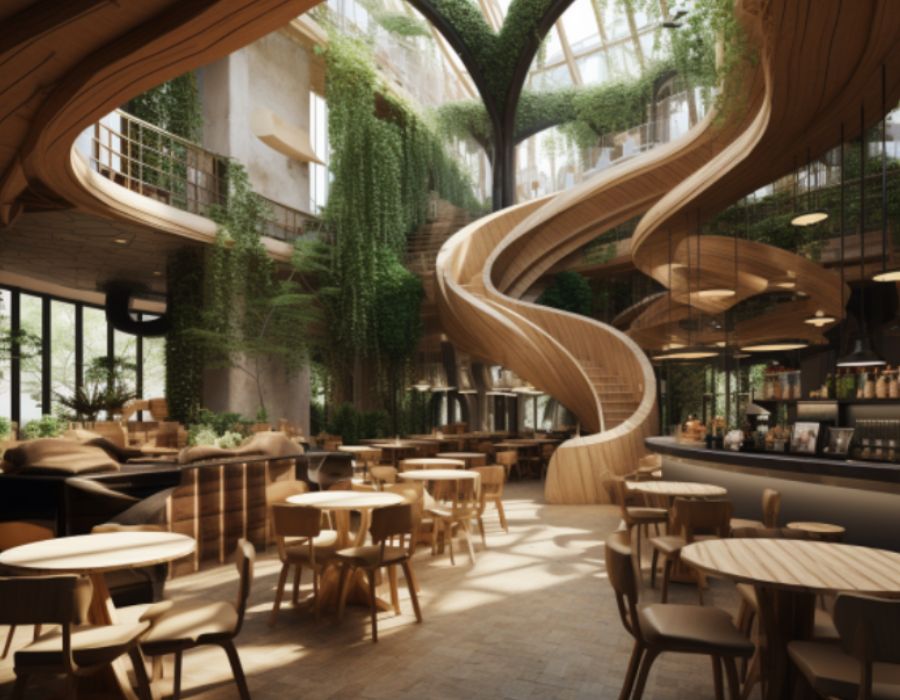 Quán cafe trong nhà có thiết kế độc đáo cùng cây xanh nhằm tạo không gian mát mẻ hơn cho quán. 