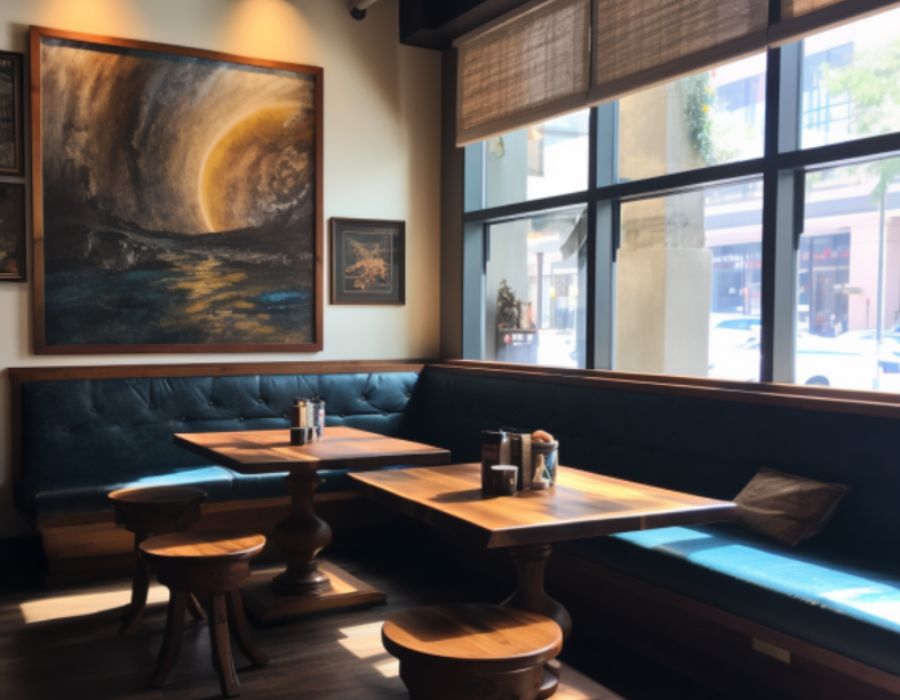 Một góc quán cafe với ghế lót đệm dài và bàn gỗ, có treo những bức tranh đầy tính nghệ thuật.