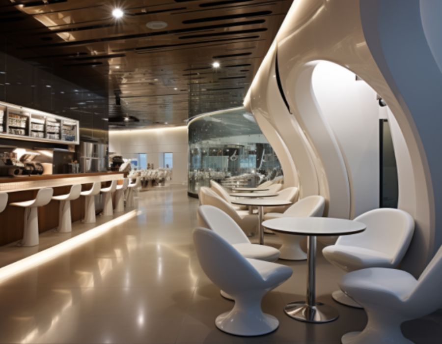 Khu vực dành cho khách với những chiếc ghế có thiết kế và bàn tròn cùng tone mang đến sự tinh tế và tính thẩm mỹ của tương lai.