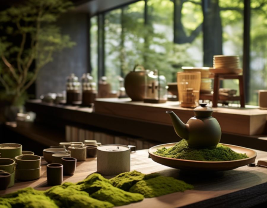 Quầy pha chế mang đậm chất Nhật Bản với những chiếc ly nhỏ bằng gốm và bột trà xanh - một nét đặc trưng của đất nước này. 