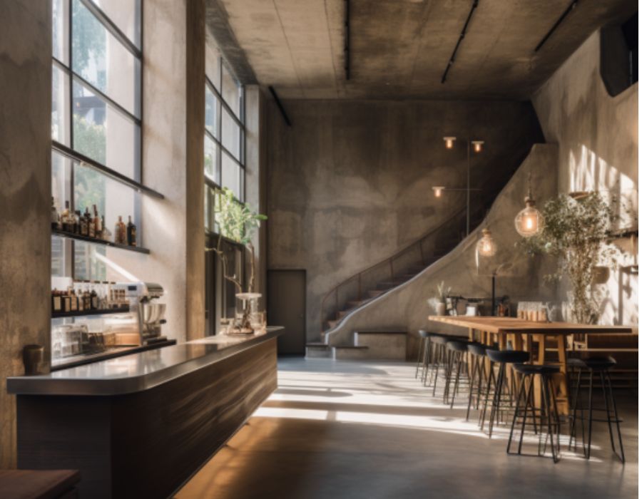 Kết hợp kim loại và bê tông cho không gian quán là một nét đặc trưng của loại hình quán cafe công nghiệp. 