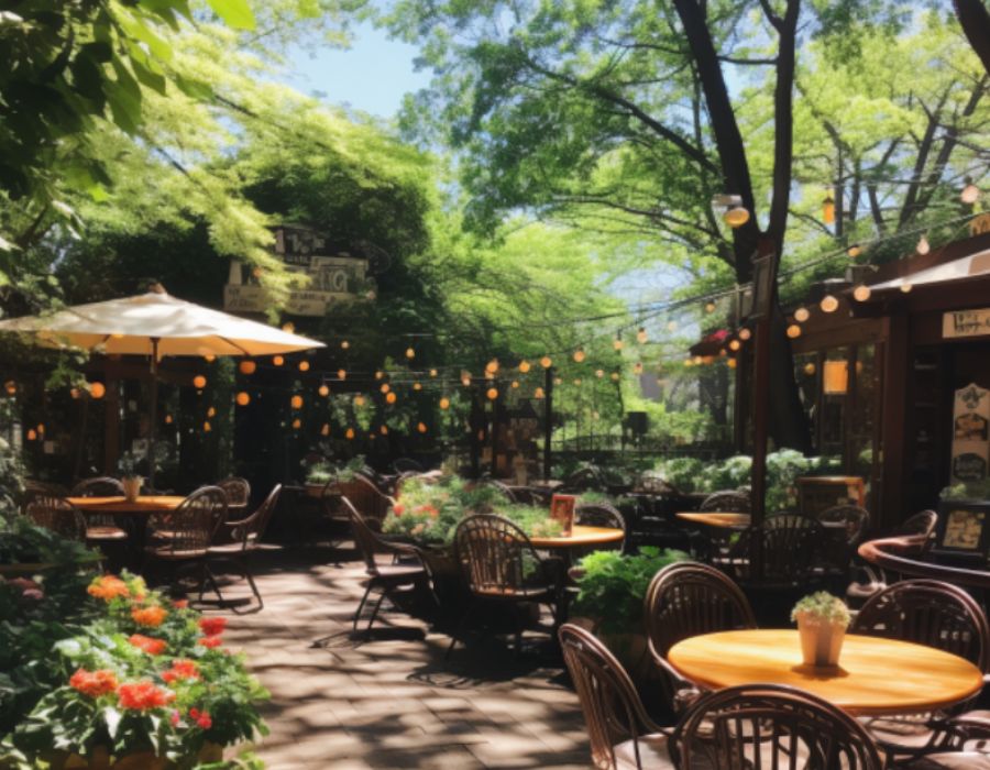 Quán cafe sân vườn với những dây đèn màu sắc và những chiếc bàn nhỏ tạo ra một khung cảnh lãng mạn. 