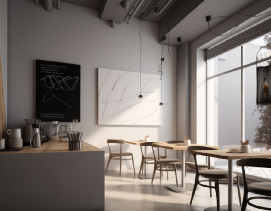 Quầy pha chế tối giản với tone màu đen trắng của quán cafe đương đại. 
