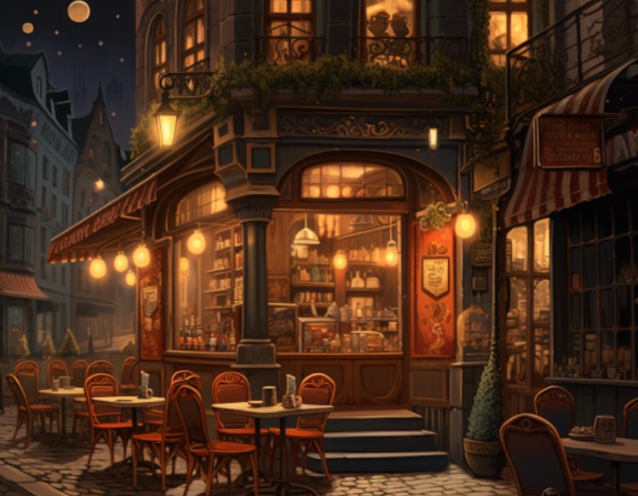 Khung cảnh ban đêm trước quán cafe với bàn vuông và những chiếc ghế đỏ mang phong cách châu Âu. 