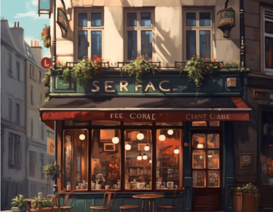 Mẫu thiết kế quán cafe đơn giản với cửa kính có thể nhìn thấy bên trong theo phong cách châu Âu ở một góc phố. 