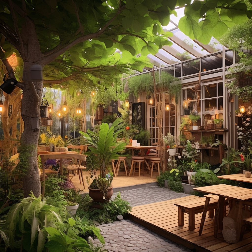 Quán cafe sân vườn với không gian cây xanh thoáng đãng cùng bầu không khí trong lành giúp khách tìm về với sự gần gũi của thiên nhiên