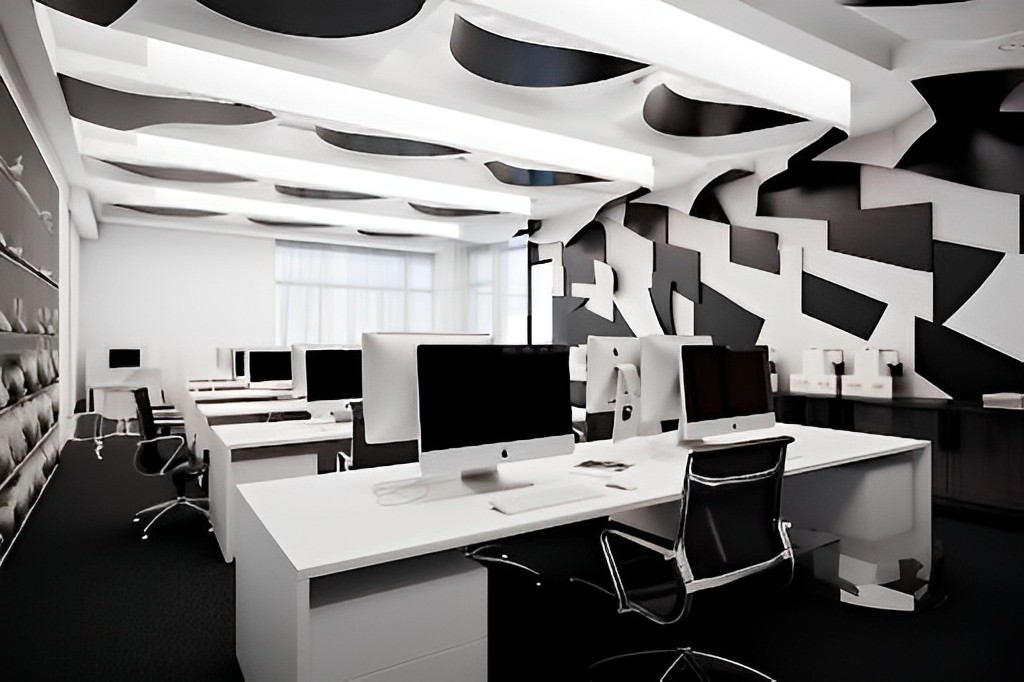 Thiết kế bàn làm việc được sắp xếp khoa học kết hợp cùng sơn tường trắng đen thú vị trong văn phòng hiện đại