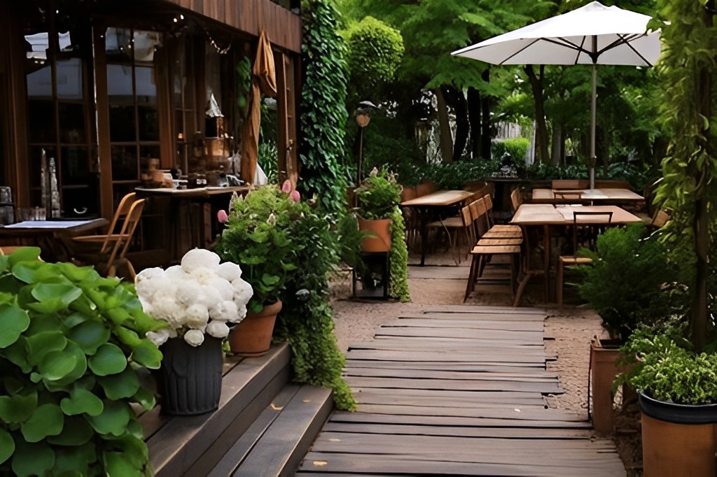 Thiết kế quán cà phê sân vườn màu sắc đơn điệu, trầm ấm và tạo sự sáng sủa cho không gian bằng tông màu trắng của hoa