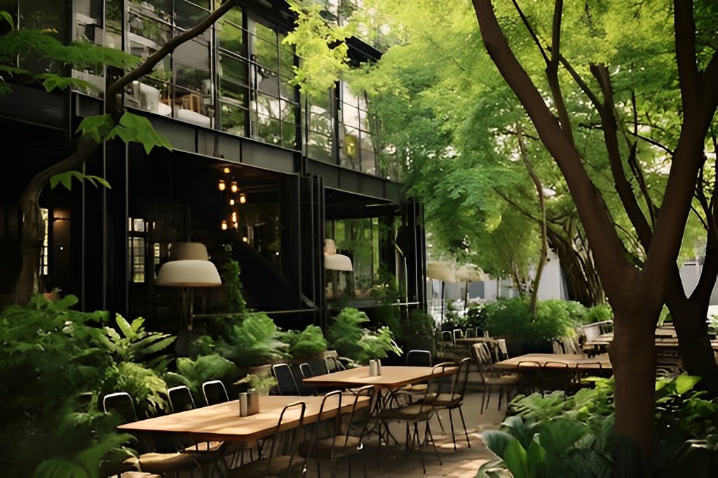 Thiết kế quán cà phê với sân vườn được bao phủ bởi một màu xanh tươi mát của thiên nhiên