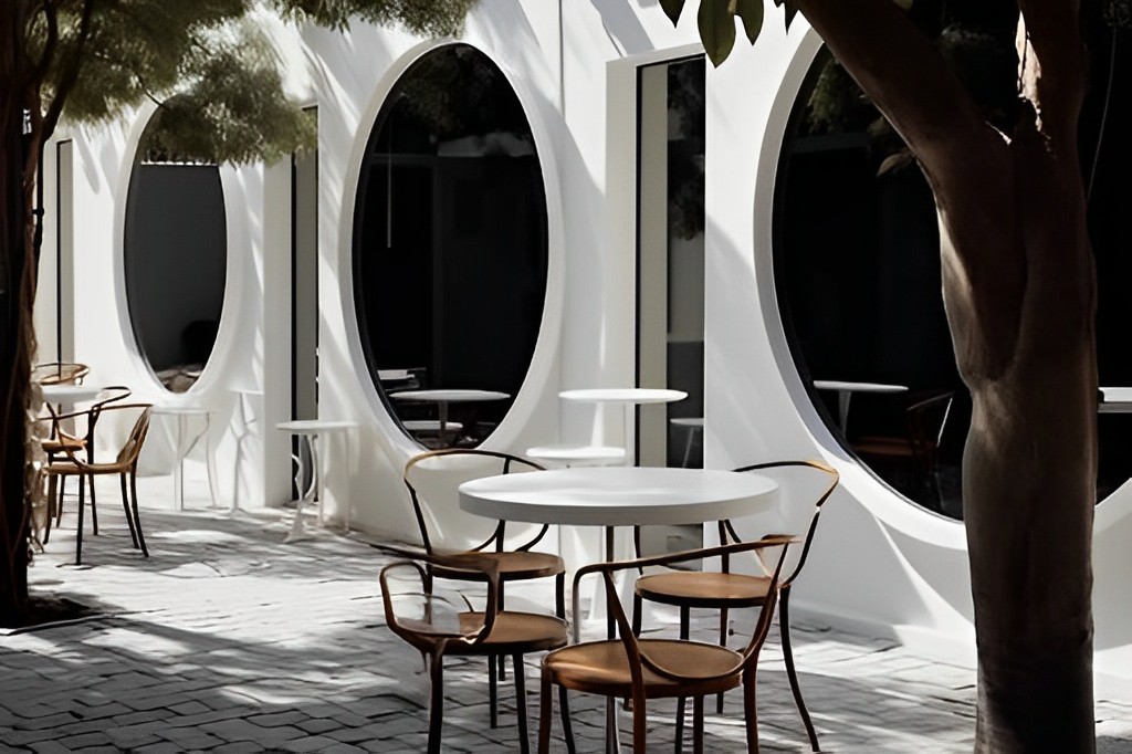 Thiết kế gương tròn lớn nổi bật giữa không gian thanh lịch, thuần khiết ở quán cà phê sân vườn