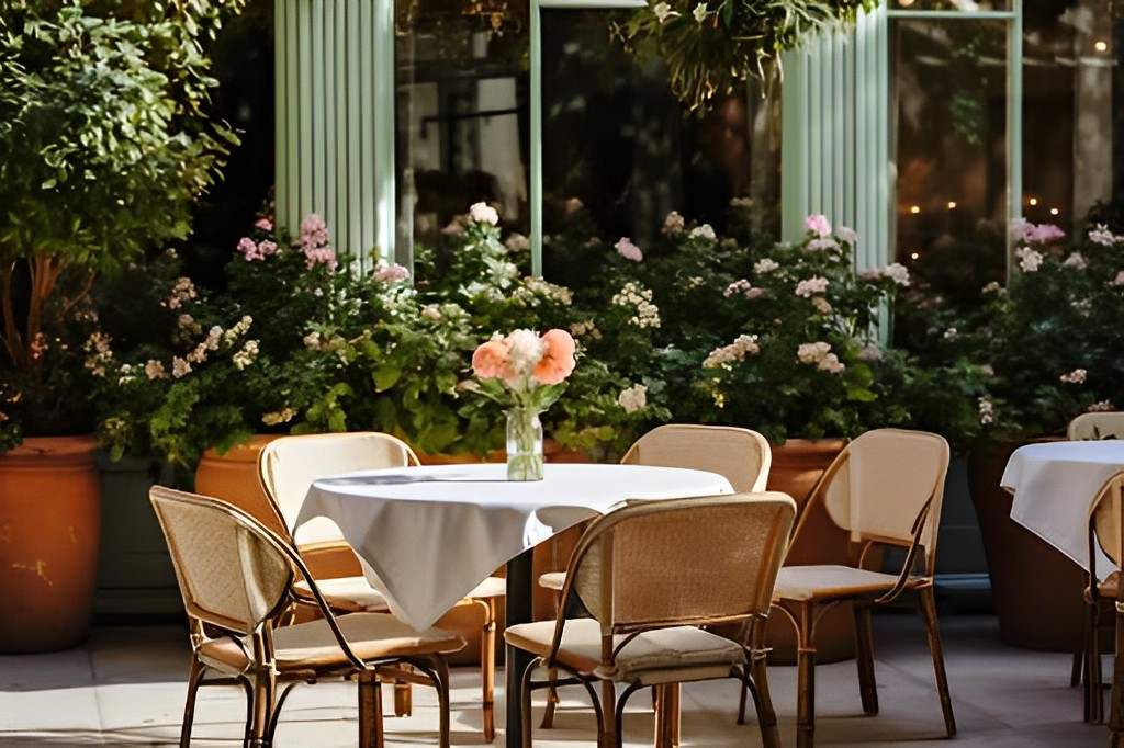 Phong cách đơn giản được điểm xuyến thêm một bình hoa nhỏ giữa bàn là một trong những thiết kế quán cà phê sân vườn kiểu châu u rất được ưa chuộng