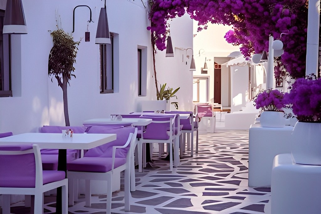 Màu trắng dịu nhẹ phối với màu tím nổi bật sẽ tạo nên chất riêng trong thiết kế quán cà phê sân vườn