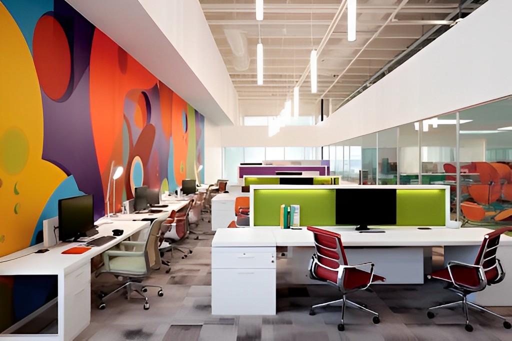 Phối hợp nhiều màu sắc sặc sỡ trong mẫu thiết kế nhằm mục đích tạo ra văn phòng lý tưởng với xu hướng hiện đại