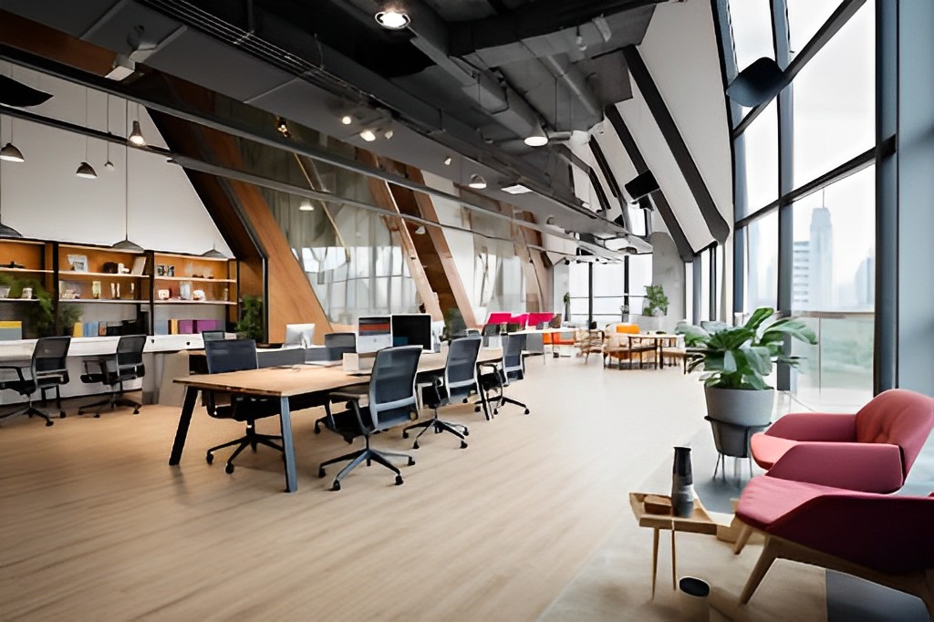 Thiết kế bàn ghế làm việc được đặt gần nhau tại văn phòng Serepok Coworking Space hiện đại