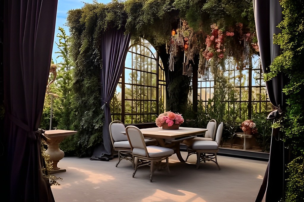 Thiết kế quán cà phê sân vườn trong không gian nhỏ có cách bày trí xung quanh như một yến tiệc hoàng gia và trang trí bằng khung rèm cửa màu xám nhã nhặn