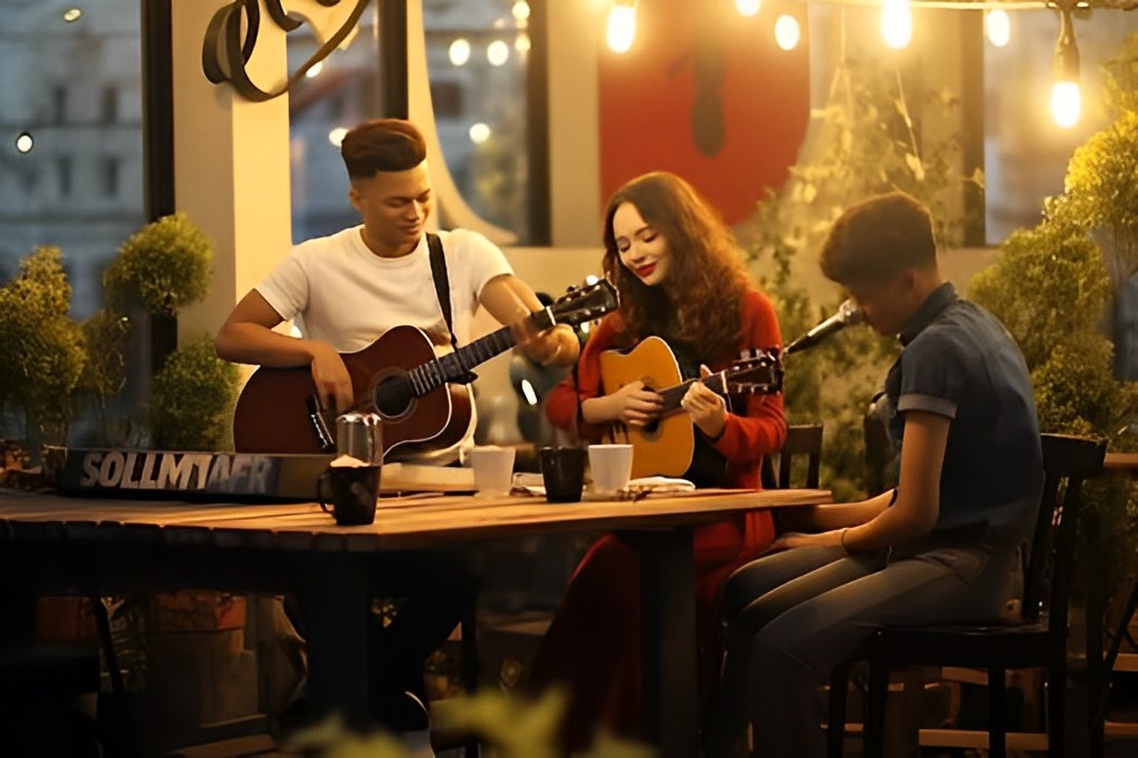 Thiết kế không gian âm nhạc để mọi người cùng nhau biểu diễn tại quán cà phê sân vườn