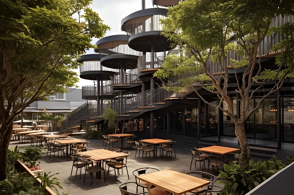 Thiết kế thêm tầng lầu để diện tích quán cà phê sân vườn rộng lớn và bừng sáng hơn 