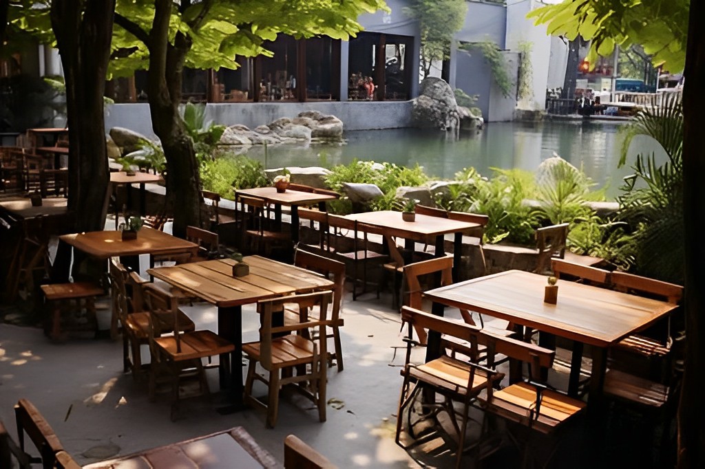 Thiết kế quán cà phê sân vườn có nội thất bằng gỗ bình dị đặt dưới bóng cây mát mẻ, xa xa có hồ nước nhỏ 
