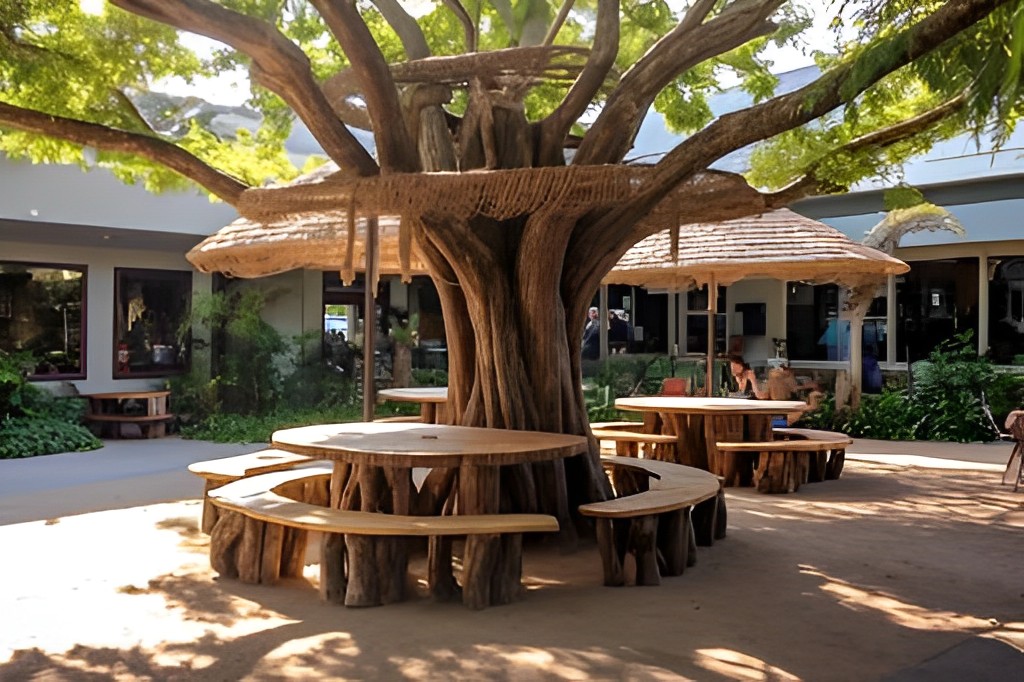 Thiết kế quán cà phê sân vườn độc đáo với bàn ghế bày trí xung quanh thân cây lớn