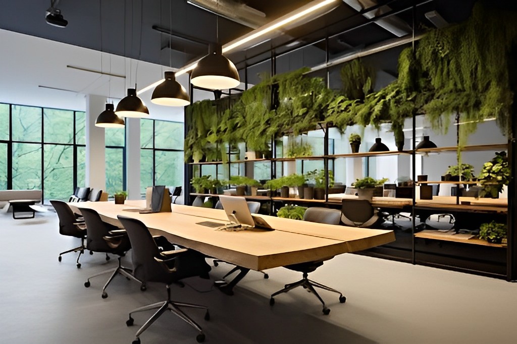 Thiết kế văn phòng có nhiều cây xanh được đặt trên giá tạo môi trường làm việc năng động, tích cực