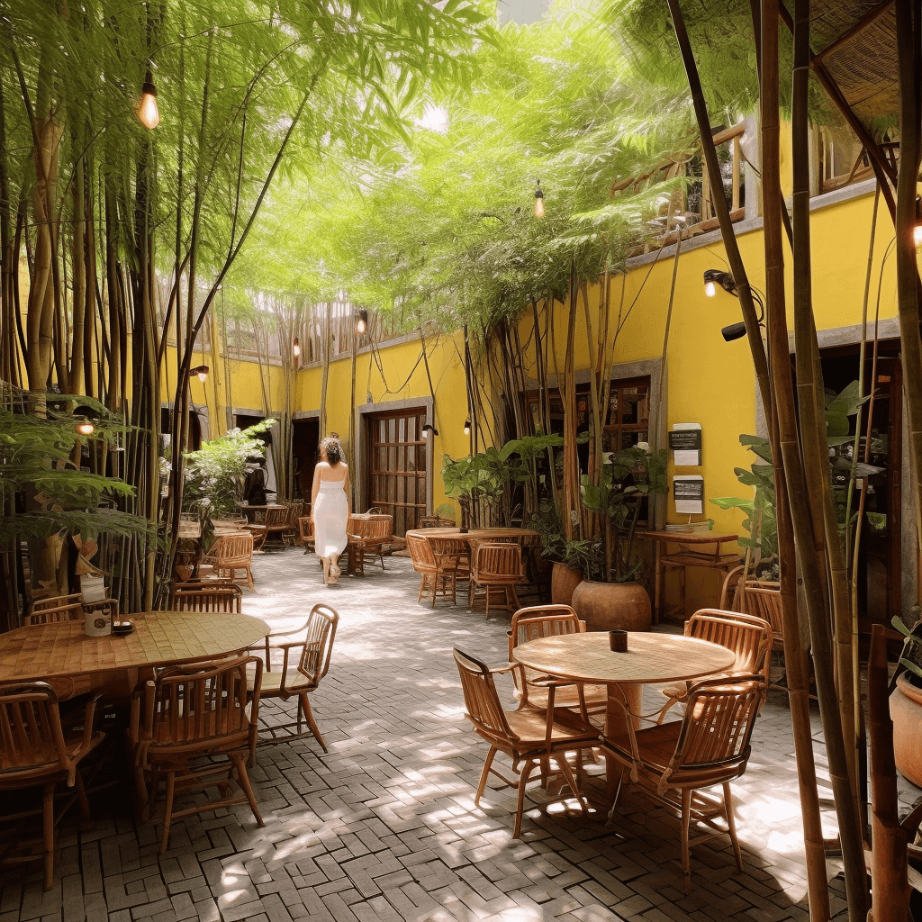 Hình ảnh quán cafe đẹp, phá cách với cách tận dụng không gian tre, trúc khá thoáng đãng và gần gũi