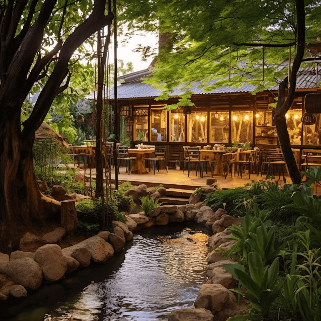 Hình ảnh quán cafe kết hợp giữa sông nước và cây cối, thân thiện hơn với thiên nhiên, cây cỏ