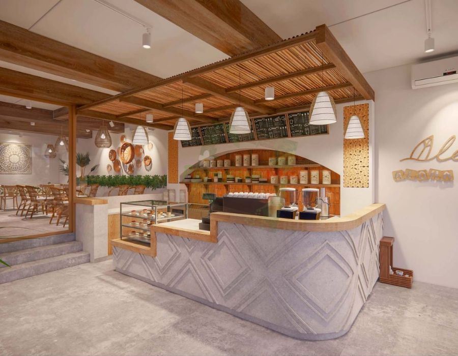Thiết kế của quầy bar quán cafe Aloha Coffee mang phong cách Địa Trung Hải. 