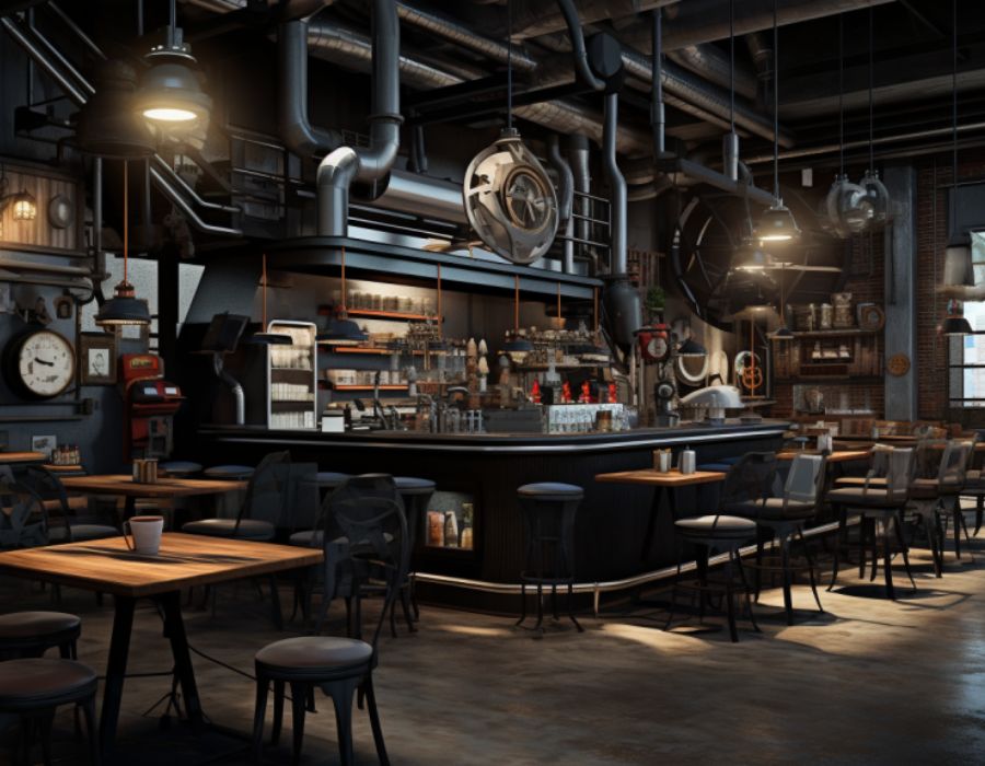 Quầy bar hình chữ U của một quán cafe theo phong cách Industrial. 