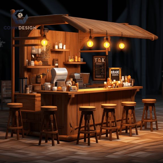 Một quầy bar cafe nhỏ bằng gỗ với những chiếc đèn vàng nhỏ, thích hợp với những khách hàng cần thư giãn.