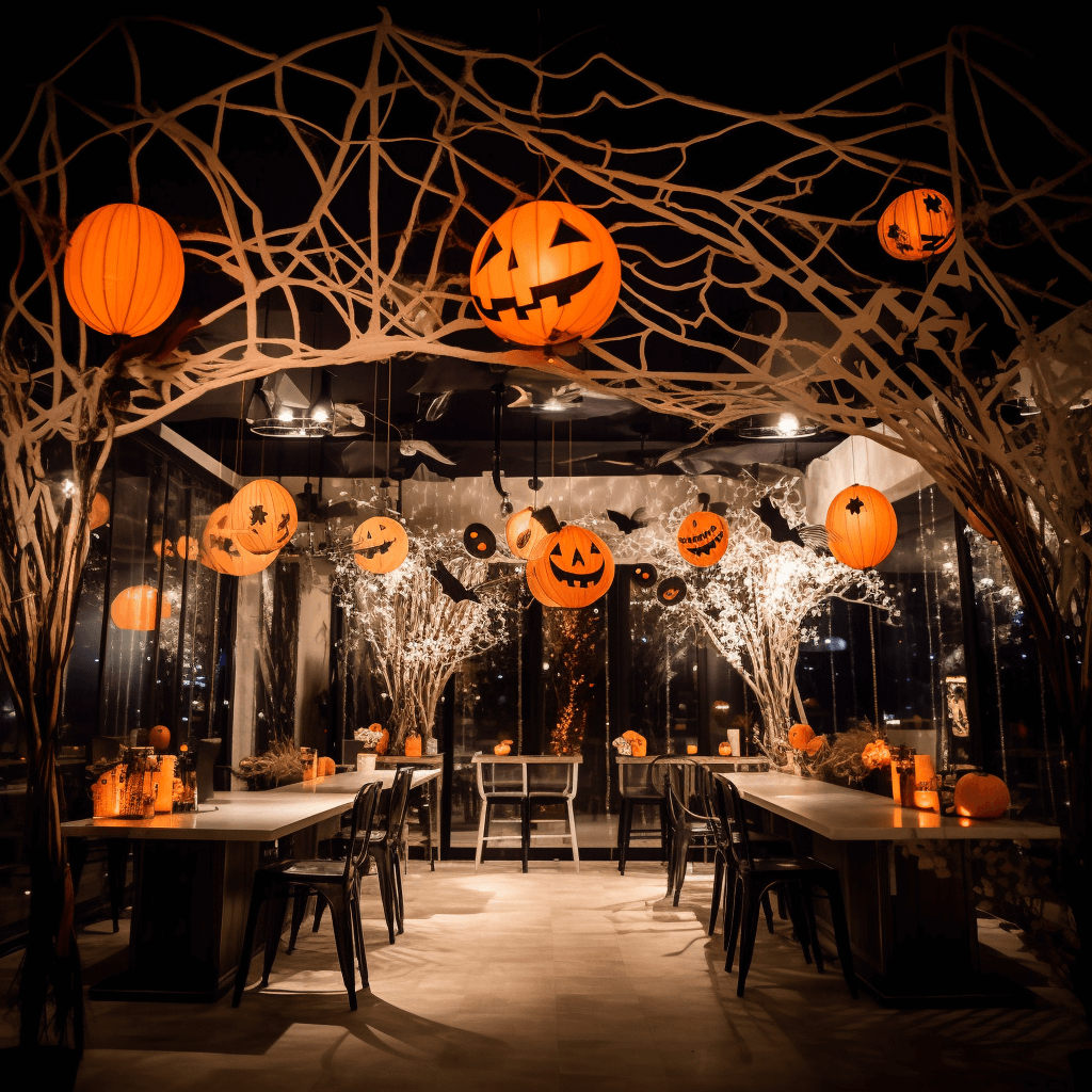 Trang trí halloween cho quán cafe bằng gam màu đen chủ đạo, màu cam từ những quả bí ngô cũng được gắn vào để thêm phần bắt mắt hơn