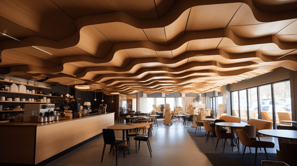 Trần nhà được thiết kế uốn lượn với chất liệu gỗ tạo hiệu ứng độc đáo và khiến quán cafe trông nổi bật hơn