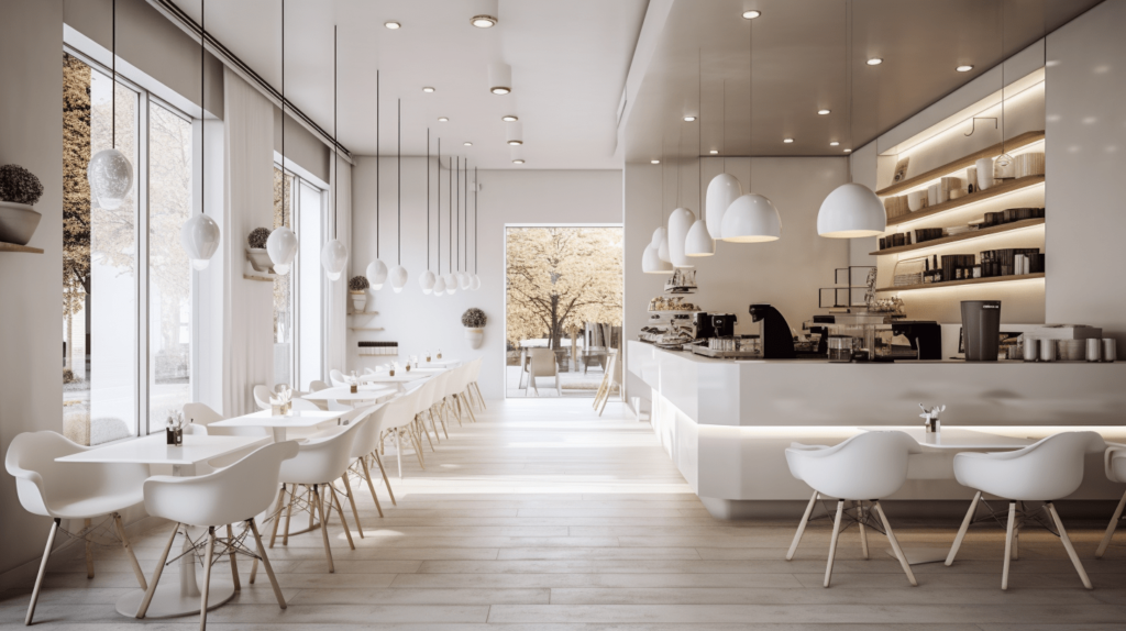 Gợi ý thiết kế nội thất quán cafe với tone màu chủ đạo là màu trắng cùng với hệ thống đèn ánh vàng giúp không gian quán trở nên ấm áp hơn