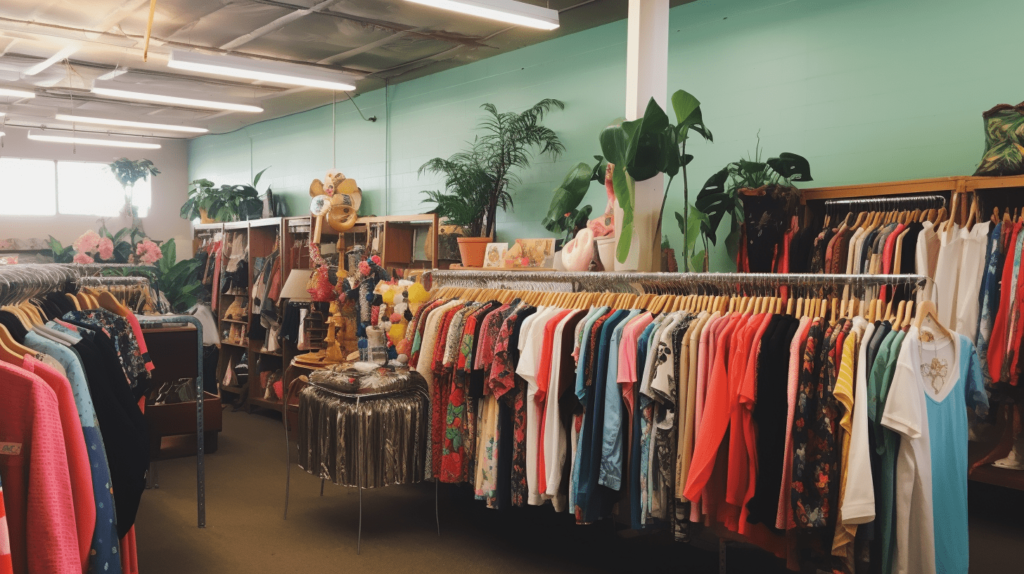 Shop quần áo không gian nhỏ được thiết theo phong cách vintage với những chậu cây xanh làm điểm nhấn được đặt dọc cửa hàng
